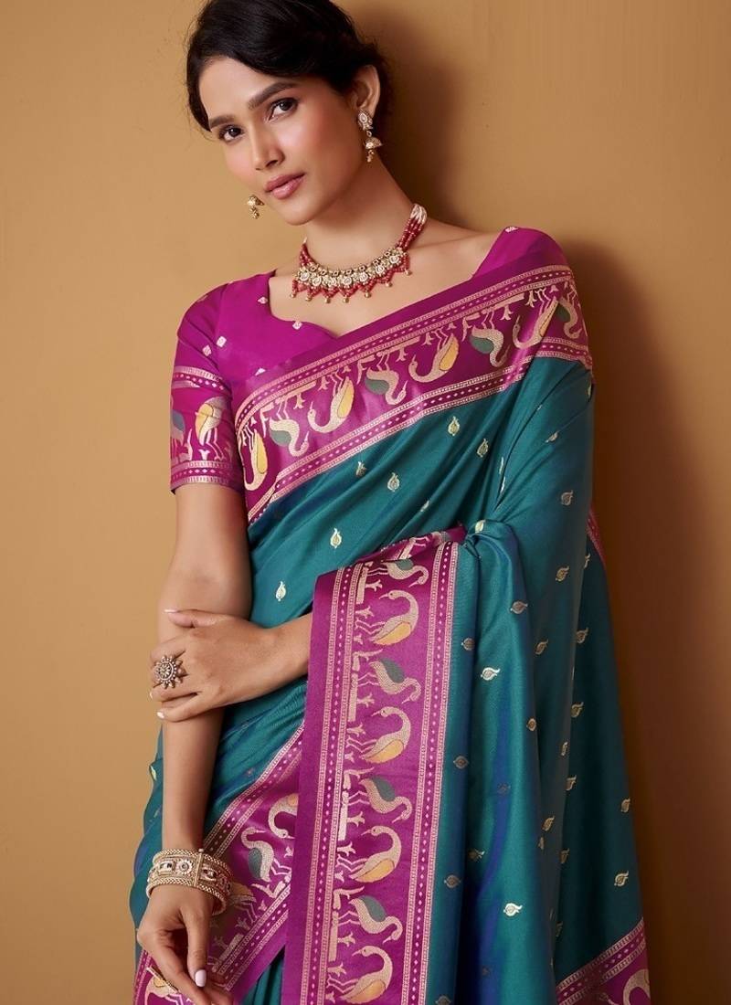 peacock blue soft satin contrast border festival wear saree