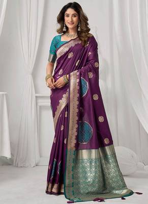 wine soft silk blend with fancy pom pom detailing festive wear saree 1