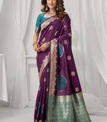wine soft silk blend with fancy pom pom detailing festive wear saree