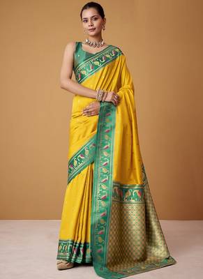 yellow soft satin contrast border festival wear saree 1