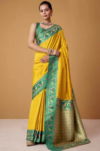 yellow soft satin contrast border festival wear saree
