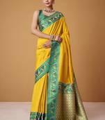 yellow soft satin contrast border festival wear saree