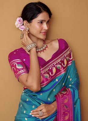 sky blue soft satin contrast border festival wear saree 2