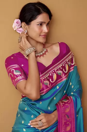 sky blue soft satin contrast border festival wear saree