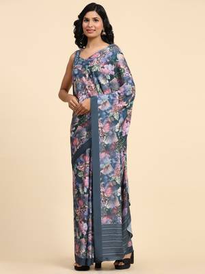 Floral printed satin ready to wear designer saree 3