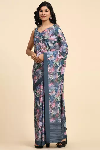 Floral printed satin ready to wear designer saree