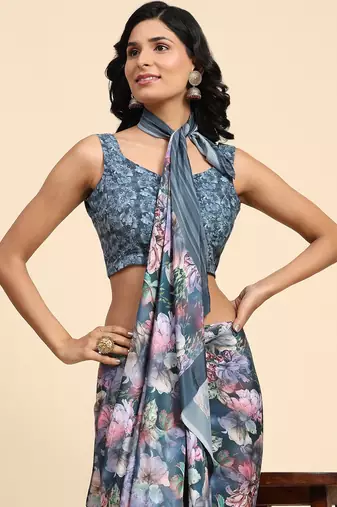 Floral printed satin ready to wear designer saree