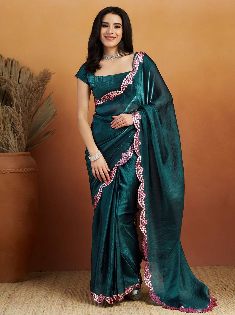 Mirror work border tissue ready to wear designer saree