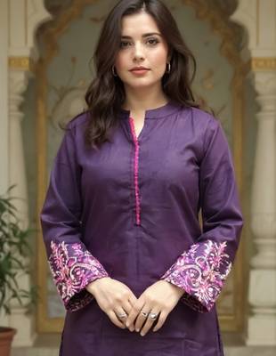 Burgundy embroidered pure cotton kurta trouser set 1
