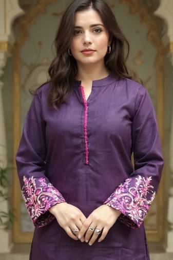 Burgundy embroidered pure cotton kurta trouser set