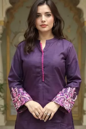 Burgundy embroidered pure cotton kurta trouser set