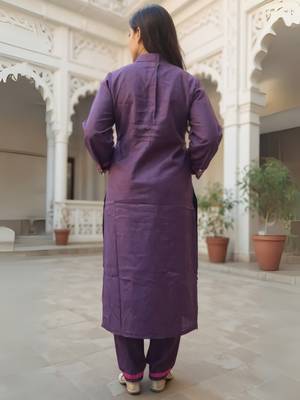 Burgundy embroidered pure cotton kurta trouser set 2