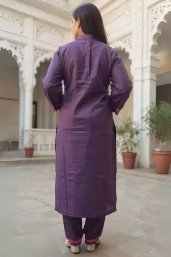 Burgundy embroidered pure cotton kurta trouser set