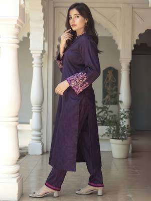 Burgundy embroidered pure cotton kurta trouser set 3