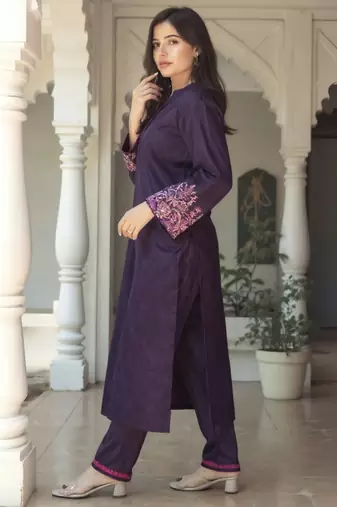 Burgundy embroidered pure cotton kurta trouser set