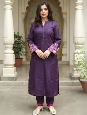 Burgundy embroidered pure cotton kurta trouser set 4