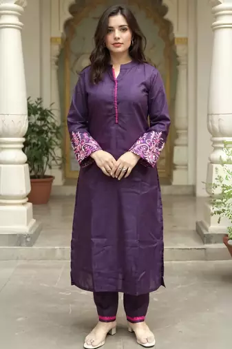 Burgundy embroidered pure cotton kurta trouser set