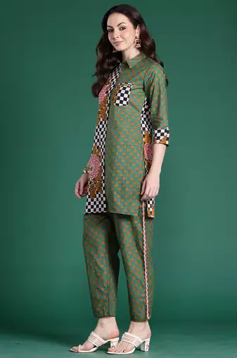 Multicolor printed pure cotton kurta trouser set