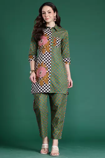 Multicolor printed pure cotton kurta trouser set