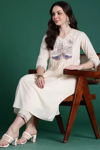Off white embroidered viscose rayon kurta trouser set