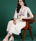 Off white embroidered viscose rayon kurta trouser set
