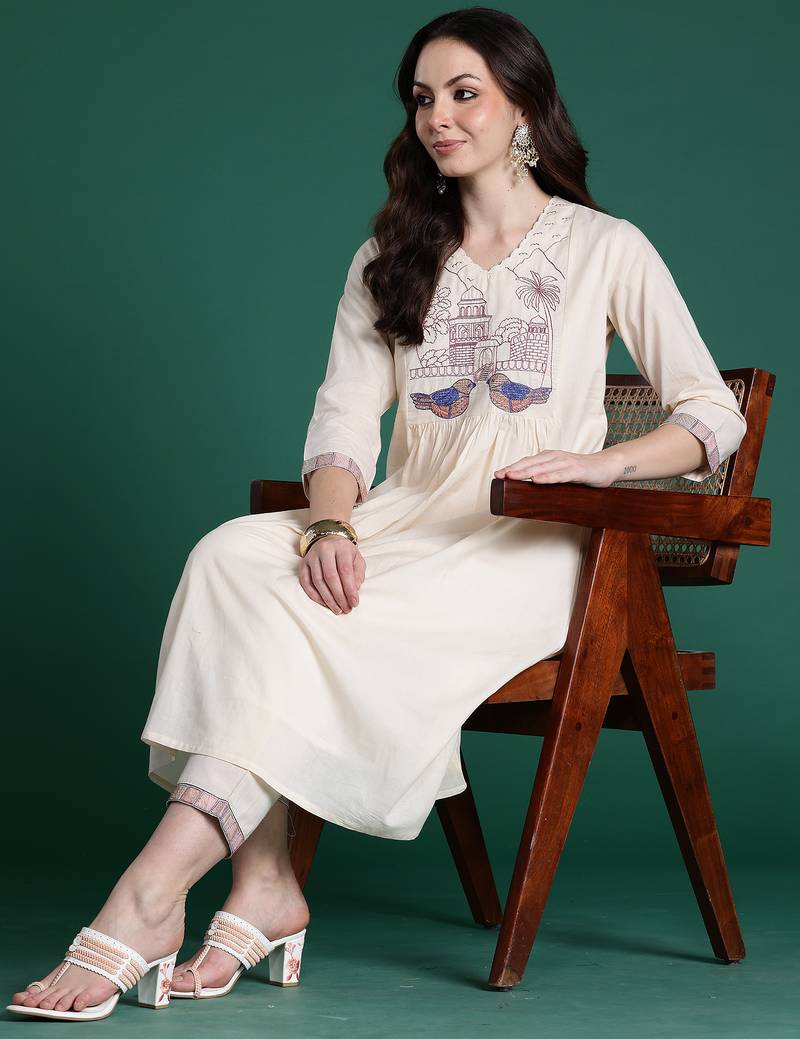 Off white embroidered viscose rayon kurta trouser set
