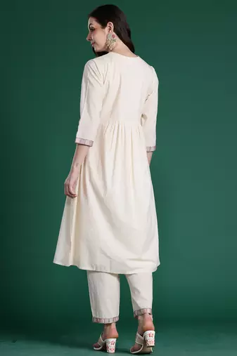 Off white embroidered viscose rayon kurta trouser set