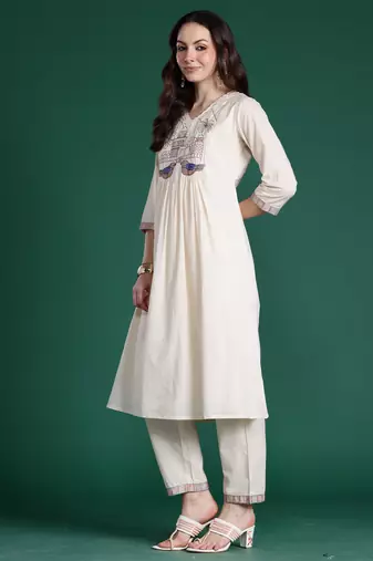 Off white embroidered viscose rayon kurta trouser set