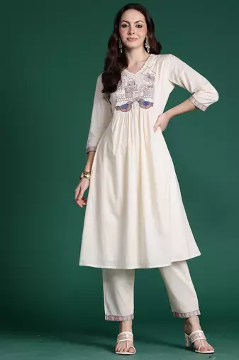 Off white embroidered viscose rayon kurta trouser set