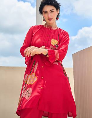 Red embroidered silk kurta trouser set 1