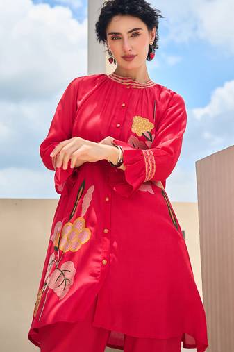 Red embroidered silk kurta trouser set