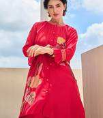 Red embroidered silk kurta trouser set