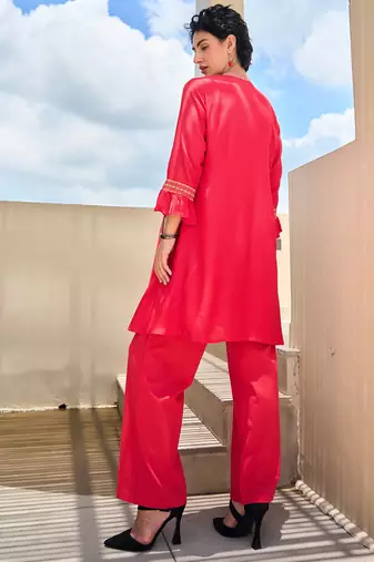 Red embroidered silk kurta trouser set