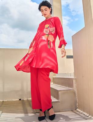 Red embroidered silk kurta trouser set 3