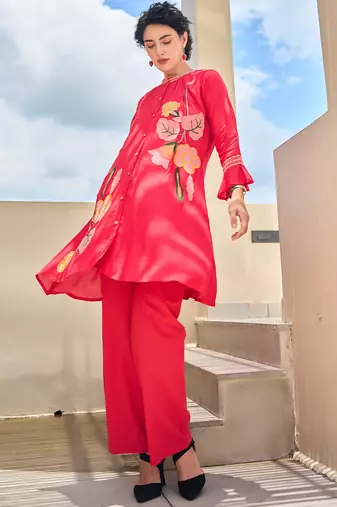 Red embroidered silk kurta trouser set