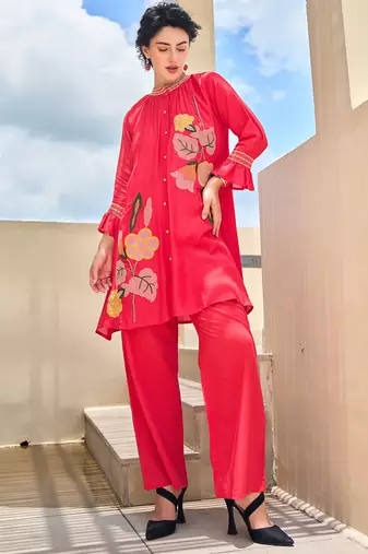 Red embroidered silk kurta trouser set