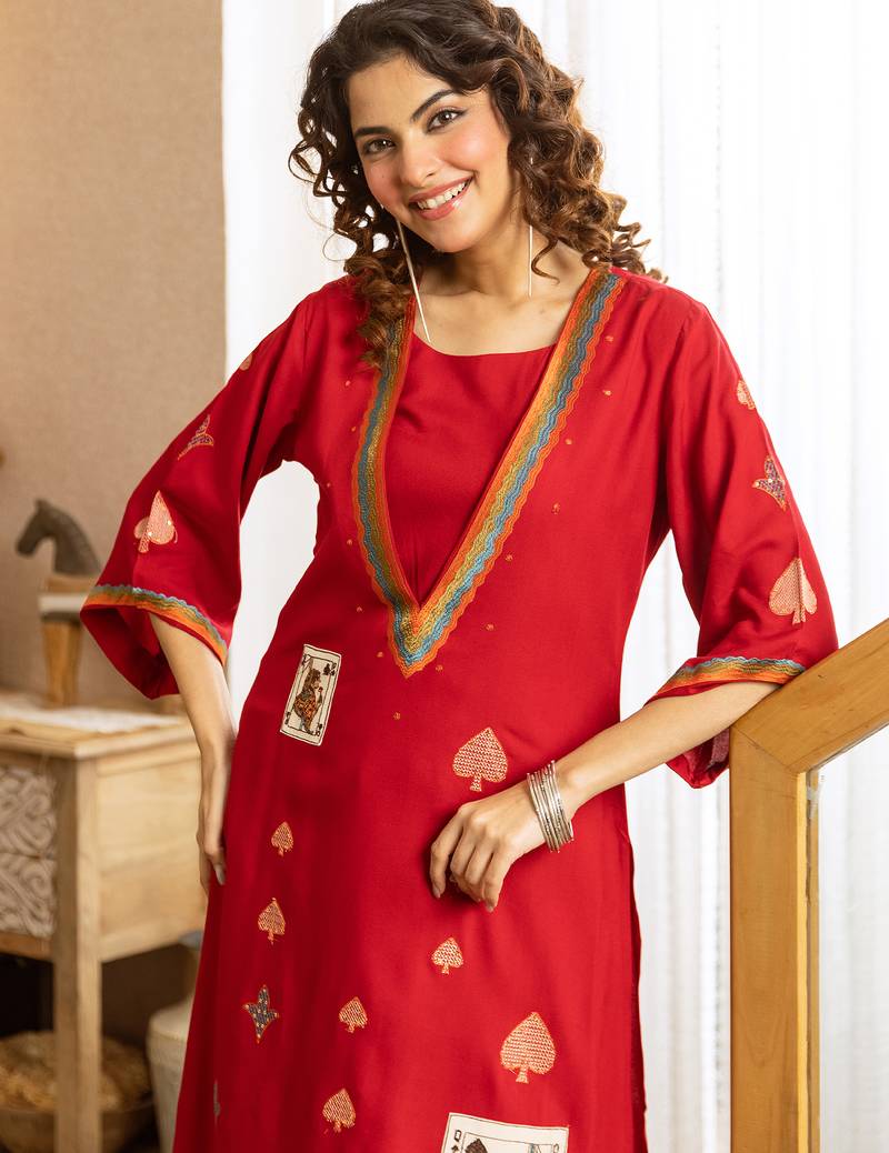 Pink embroidered viscose rayon kurta trouser set