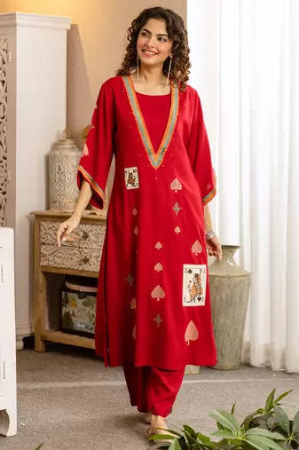 Pink embroidered viscose rayon kurta trouser set