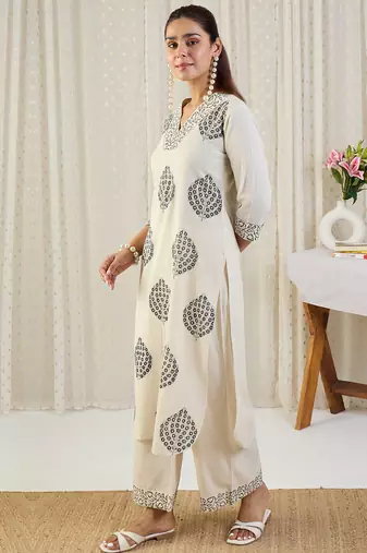 White embroidered pure cotton kurta trouser set