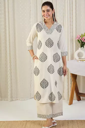 White embroidered pure cotton kurta trouser set