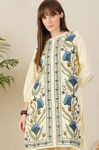 Off white embroidered pure cotton kurta trouser set