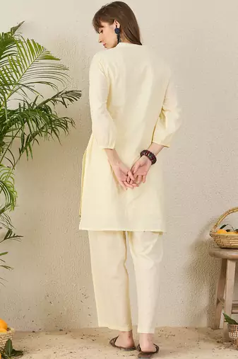 Off white embroidered pure cotton kurta trouser set