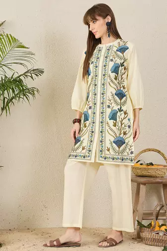 Off white embroidered pure cotton kurta trouser set