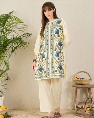 Off white embroidered pure cotton kurta trouser set 4