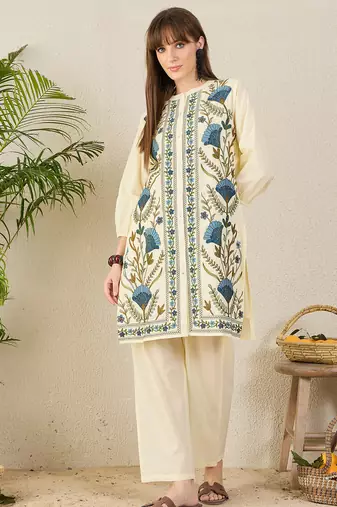 Off white embroidered pure cotton kurta trouser set