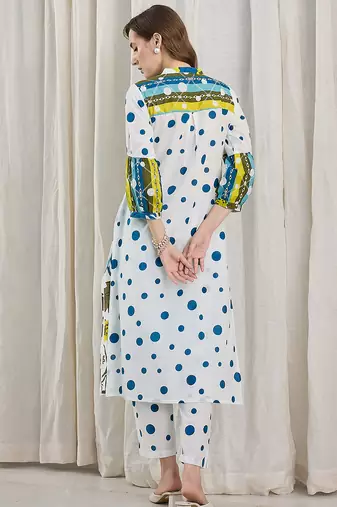 White printed pure cotton kurta trouser set
