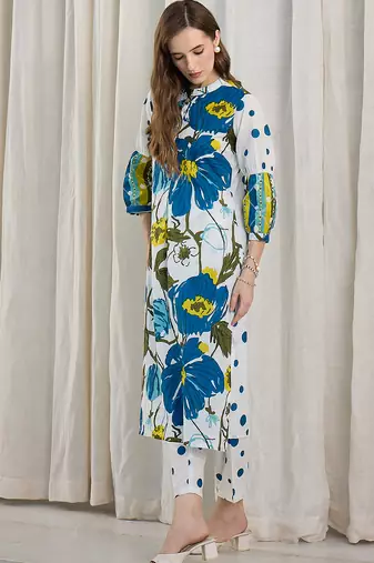 White printed pure cotton kurta trouser set