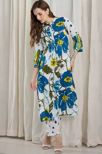 White printed pure cotton kurta trouser set