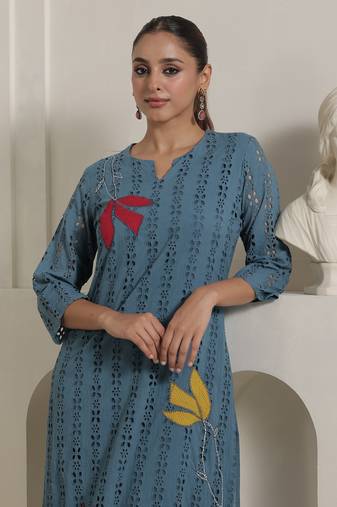 Blue embroidered pure cotton kurta trouser set