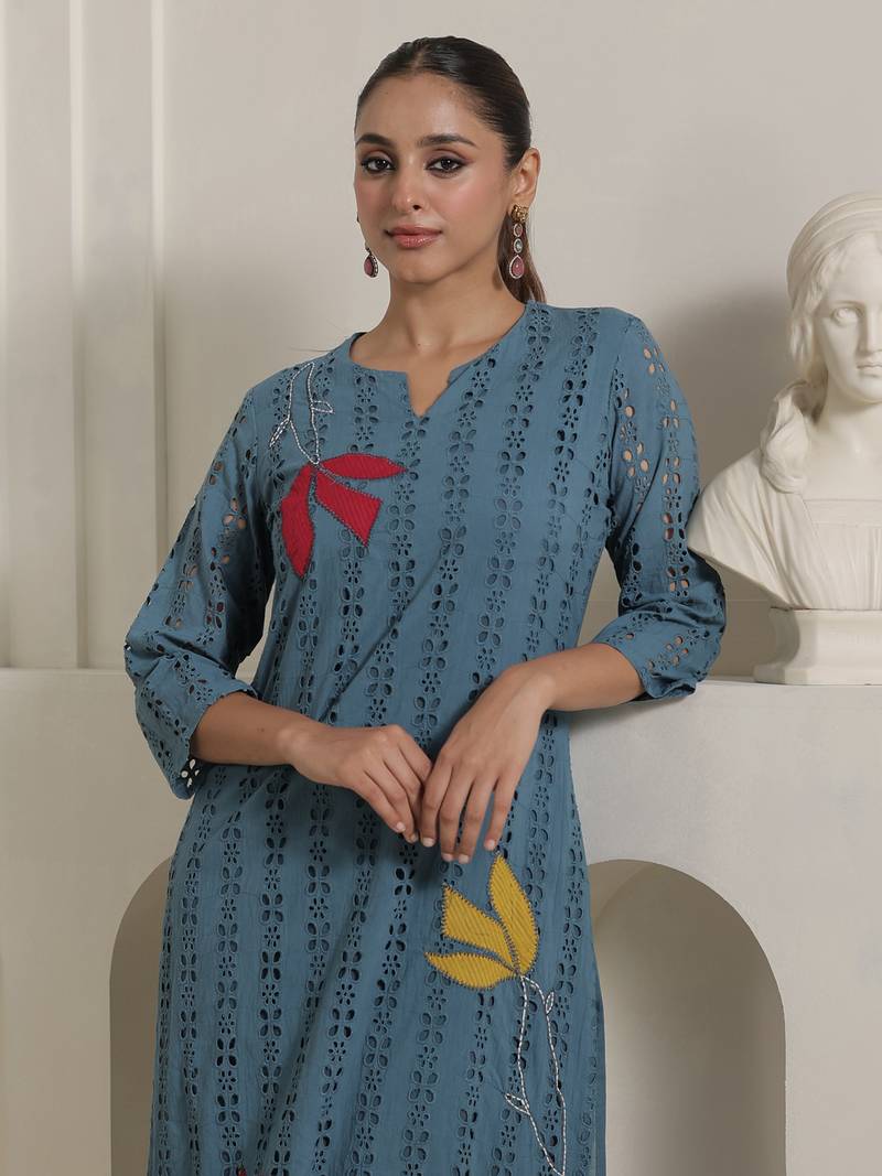 Blue embroidered pure cotton kurta trouser set